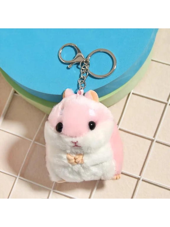 Pink Furry Hamster Keychain Backpack Charms Stuffed Animals Keyring