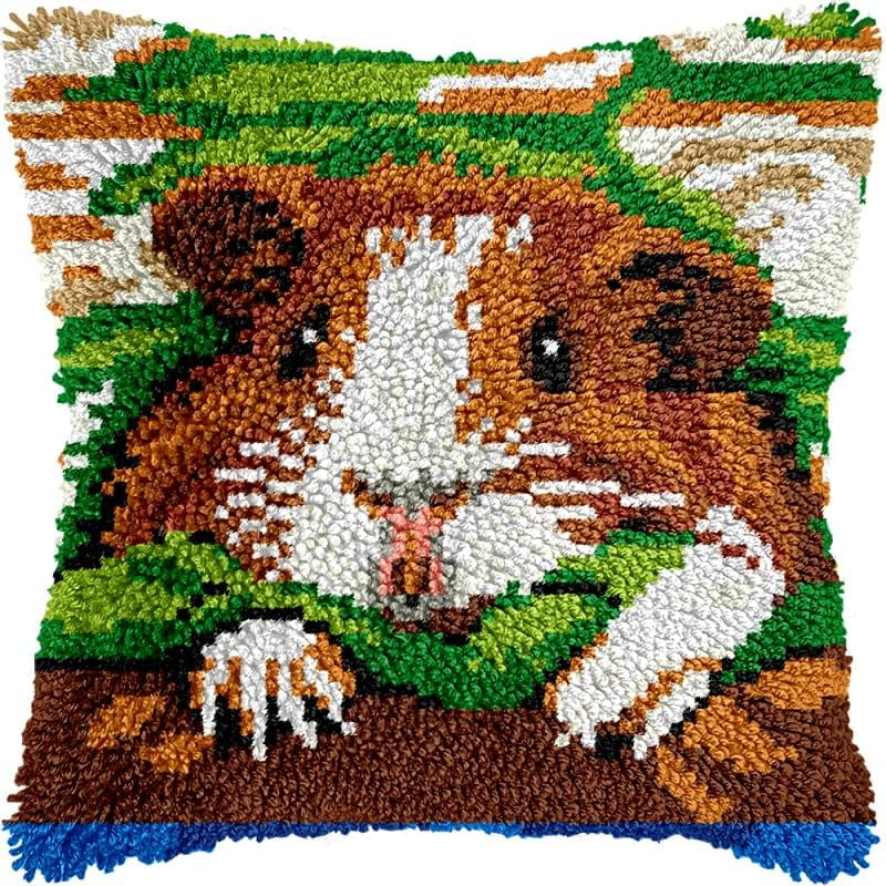 Hamster Latch Hook Pillow Kits Pillow Cover Pattern Printed Canvas Crochet Cross Stich Hooking Pillowcase Cushion Crafts Embroidery Latch Hooking Crochet Kits Set 17x17 inch(73)