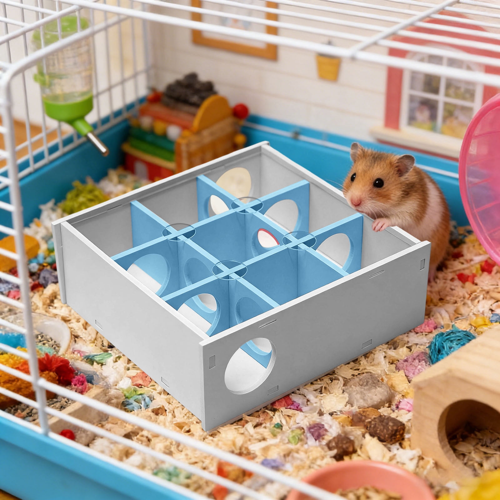 Hamster Maze Hideout - Interactive Wooden Enrichment Toy Multi-Chamber 9-Room Hamster Houses and Hideouts For Small Animals Hamsters Gerbils,Blue