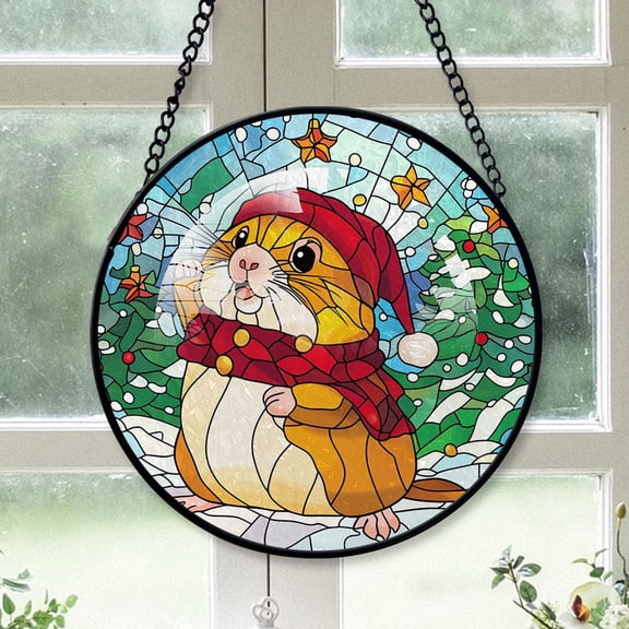Hamster Ornament Christmas 2025, Hamster Stained Glass Hanging Window Art Vintage-Inspired Glass Panel for Elegant Home Decor
