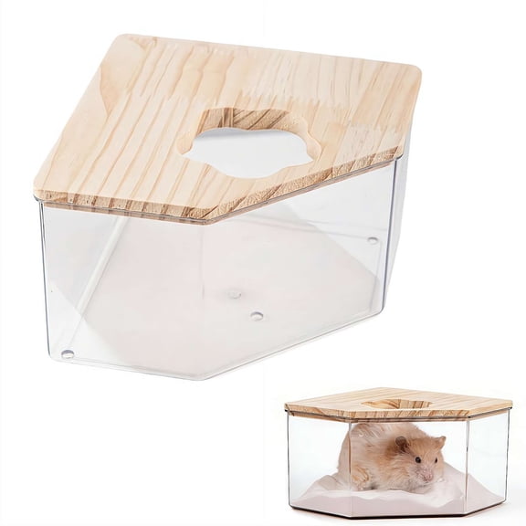 Hamster Sand Bath Box, Transparent Acrylic Small Animal Shower Bath Tub with Wood Lid, Digging Sand Container Cage Accessories for Gerbils, Mice, Hedgehog
