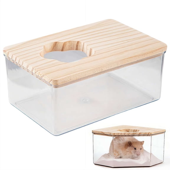 Hamster Sand Bath Box, Transparent Acrylic Small Animal Shower Bath Tub with Wood Lid, Digging Sand Container Cage Accessories for Gerbils, Mice, Hedgehog