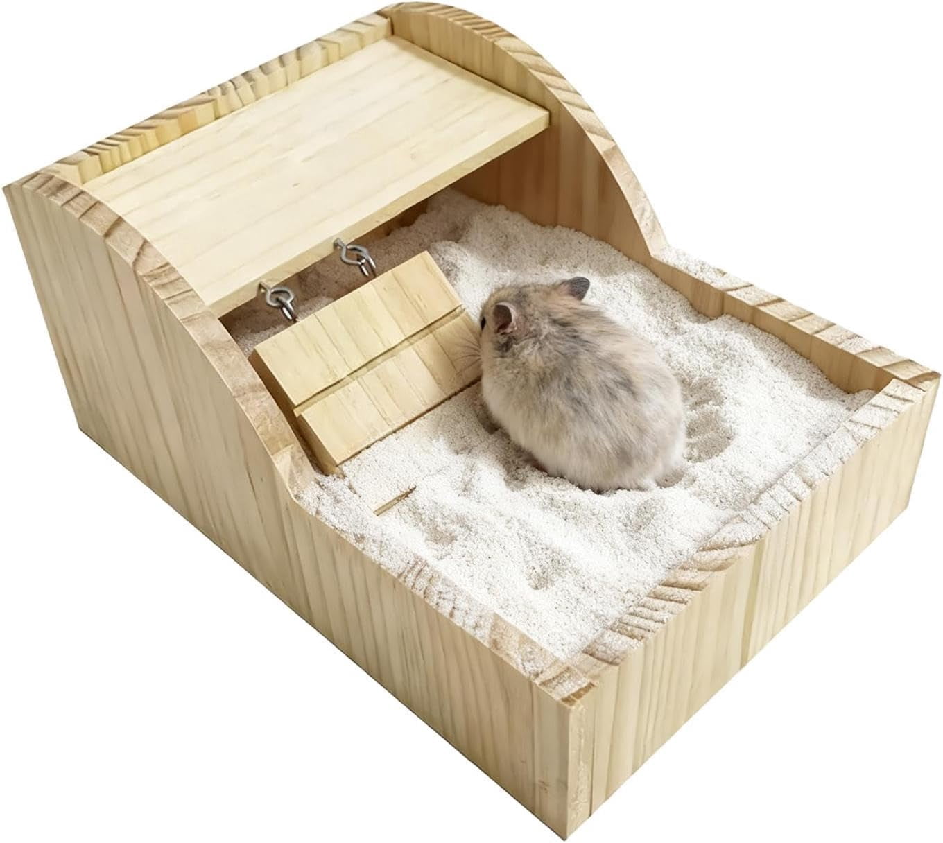 Hamster Sand Bath Container – Wooden Detachable Bathing Box, 5 x 8 x 11.6 Inch for Small Pets Hamsters Gerbils Chinchillas, Cage & Indoor Home Use