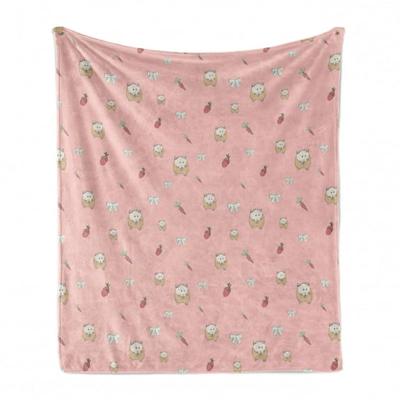 Hamster Soft Flannel Fleece Throw Blanket, Cartoon Animated Little Guinea Pigs Illustration Pinky Carrot Acorn Bowtie, Cozy Plush for Indoor and Outdoor Use, 50" x 60", Blush Multicolor, by Ambesonne