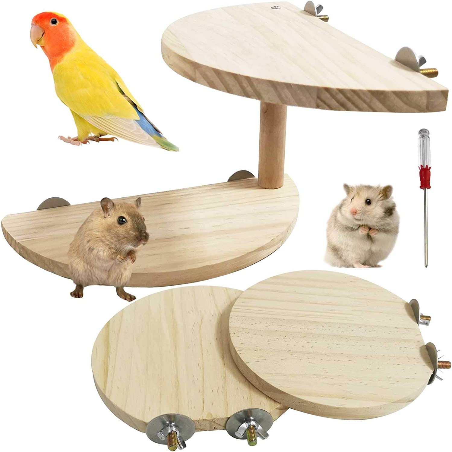 Picture of Hamster Standing Platform Rat 2-Level Natural Wood Pedal Gerbil Round ...