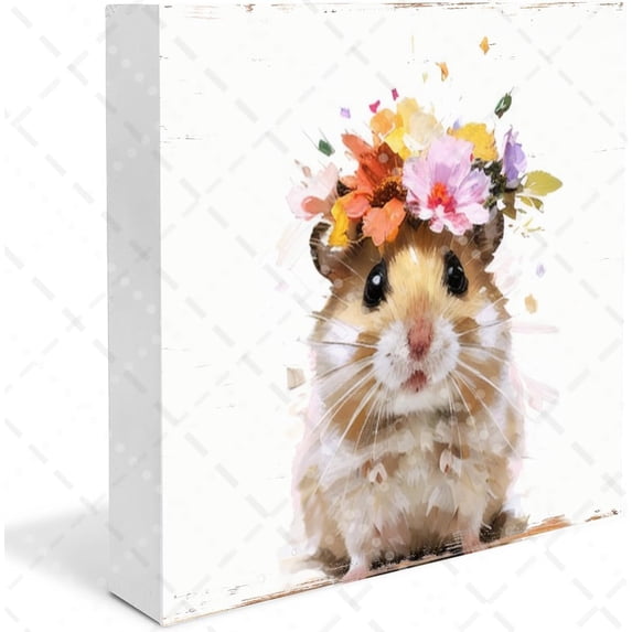 Hamster With Flower Wreathes Wooden Box Sign Table Decor Rustic Farmhouse Square Desk Decor Sign For Shelf Woodland Animal Wood Block Signs Boho Decor 5x5 Inches