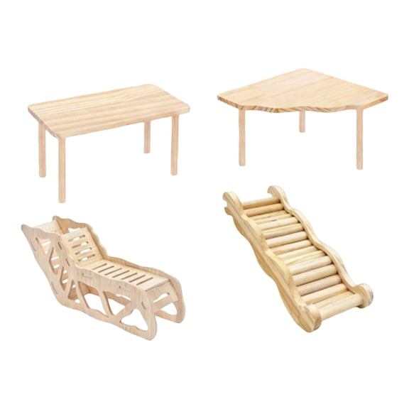 Hamster Wooden Platform Set, Natural Untreated Wood 4 Piece Kit, with Medium Table Small Fan Shaped Table Small Tunnel Large Wavy Ladder, Suitable for Dwarf Hamsters Gerbils Small Pet Cage Decor and