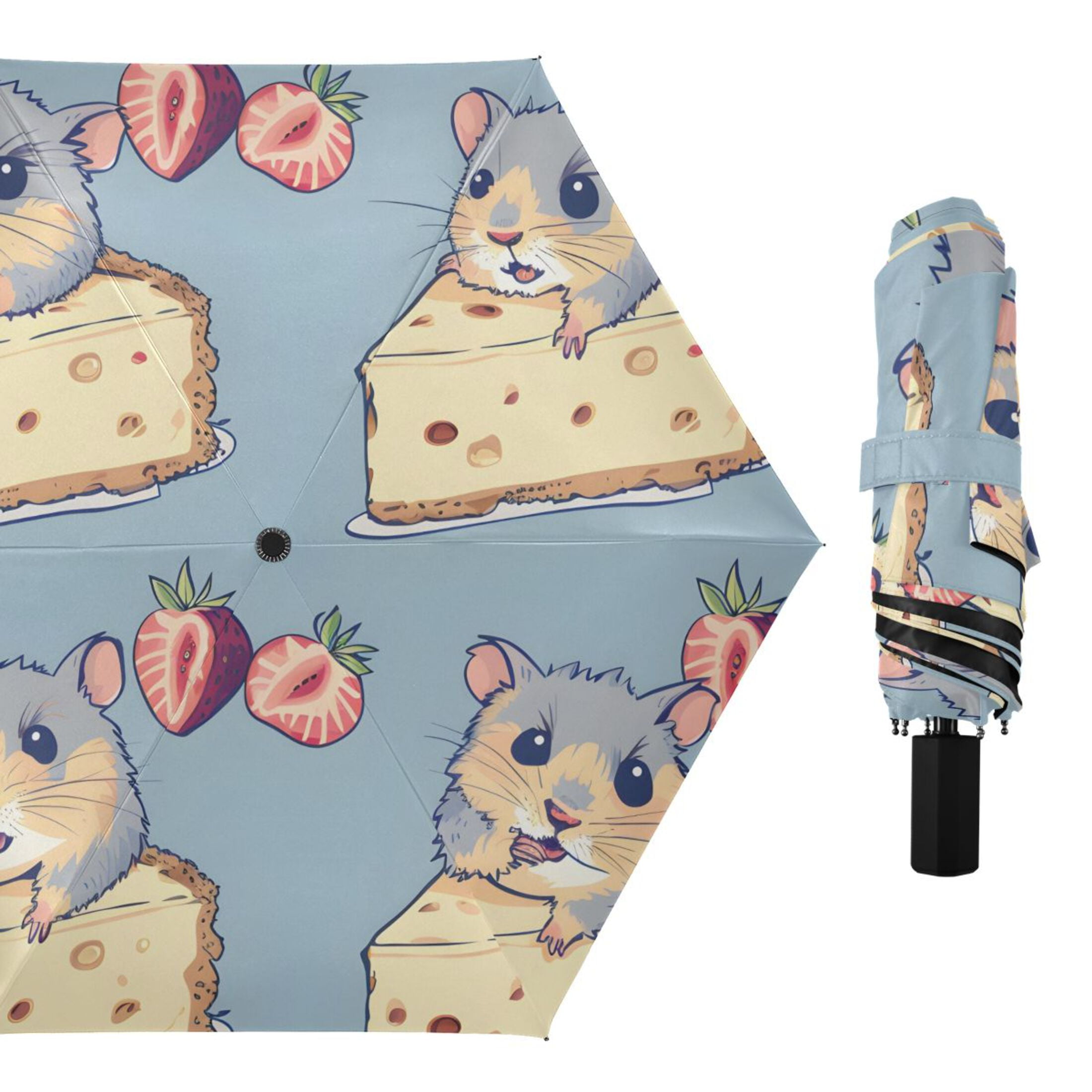 Hamsters Eating Cheesecakes and Strawberries All Weather Umbrella Triple Folding Parasol 6 Ribs UV Protection Portable