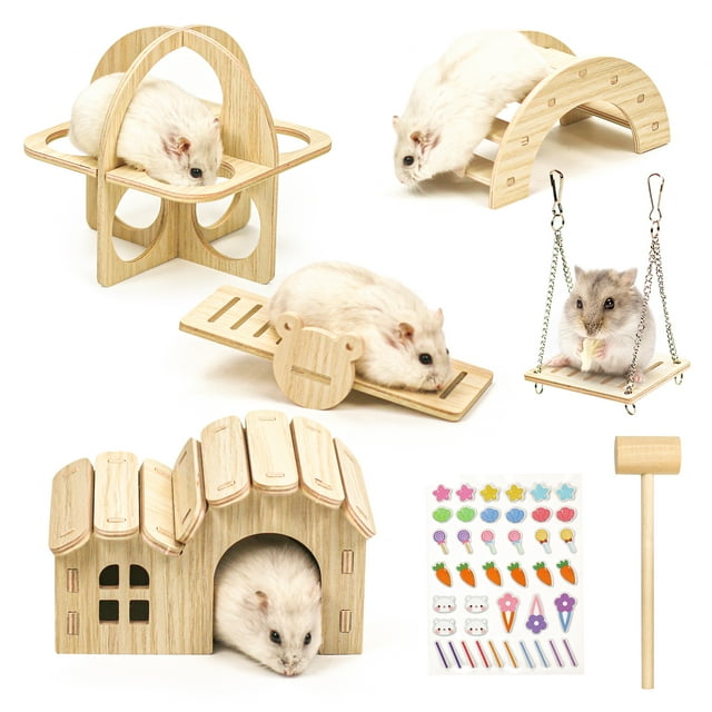 Hamsters House DIY Wooden Gerbil Hideout Bridge Swing and Chinchilla