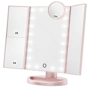 Hamswan Makeup Mirror Vanity Mirror with Lights, 2X 3X 10X Magnification, Tri-fold Lighted Makeup Mirror, Touch Control, Dual Power Supply Portable Make up Mirror for Women Girls - Pink