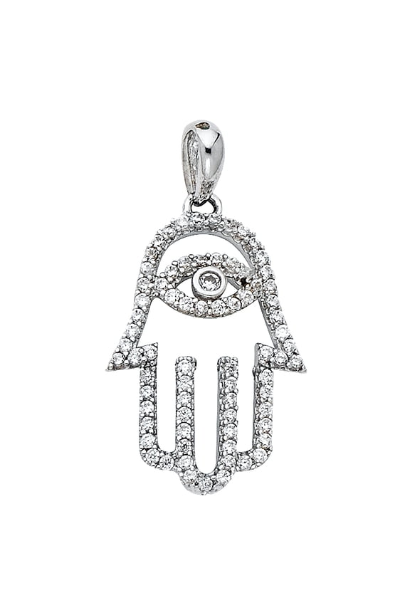 Hamza Hand Pendant Solid 14k White Gold Evil Eye Charm Nazar CZ Turkish Greek Good Luck Fancy 13 x 20 mm