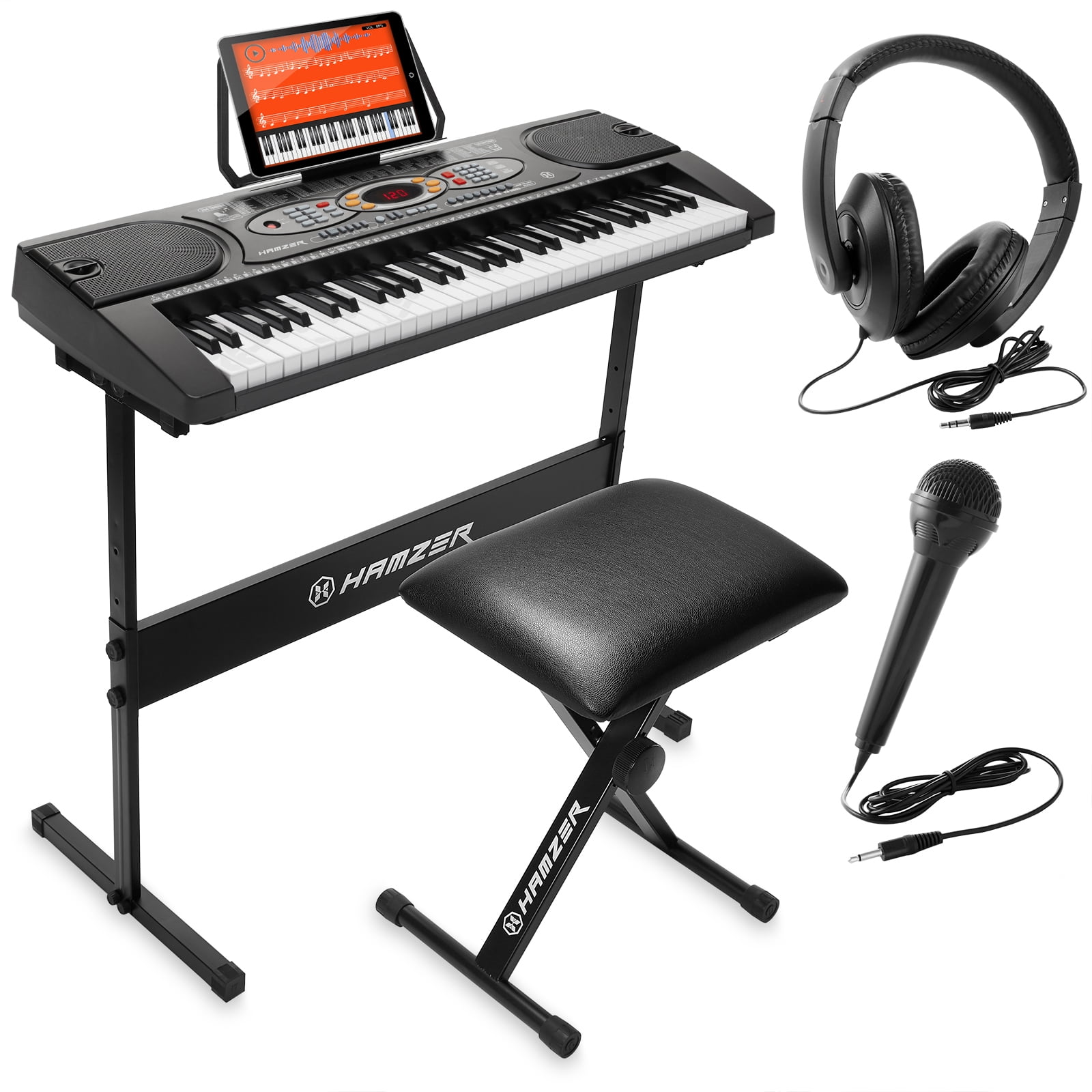 Hamzer 61-Key Electronic Keyboard Digital Music Piano with H-Stand and Padded Stool