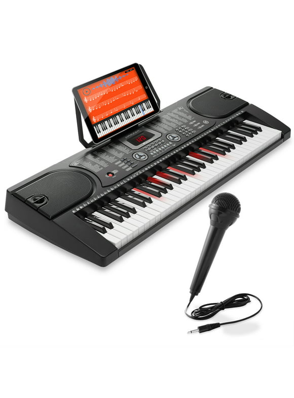 Hamzer 61-Key Electronic Keyboard Portable Digital Music Piano with Lighted Keys, Microphone and Sticker Set