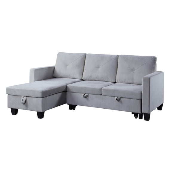 Han 83 Inch L Shape Sleeper Sectional Sofa, Reversible Chaise, Light Gray - Saltoro Sherpi