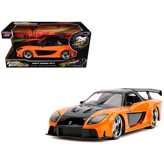 Han's Mazda RX-7 RHD Orange and Black "25 Years of Fast & Furious" Series 1/24 Diecast Model Car by Jada