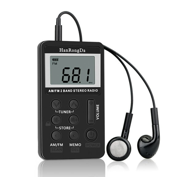 HanRongDa HRD-103 AM Digital 2 Band Stereo Receiver Portable Pocket w/ Headphones LCD Screen Rechargeable Battery Lanyard