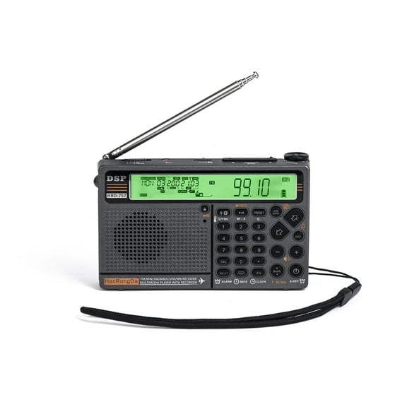 HanRongDa HRD-757 High Performance Multi-band Portable Radio FM AM SW VHF AIR WB with APP Control Bluetooth TF Player SOS Alarm Clock Gray and Green (5.44 inches / 13.8 cm) (8.81 oz / 250 g)
