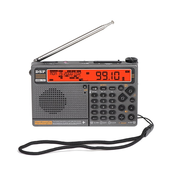 HanRongDa HRD-757 High Performance Multi-band Portable Radio FM AM SW VHF AIR WB with APP Control Bluetooth TF Player SOS Alarm Clock Gray and Orange (5.44 inches / 13.8 cm) (8.81 oz / 250 g)
