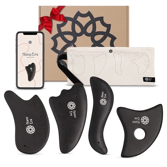 HanaEmi Gua Sha Bian Stone Massage Tool Set 4 Piece Facial Skincare Kit with Ebook Guide