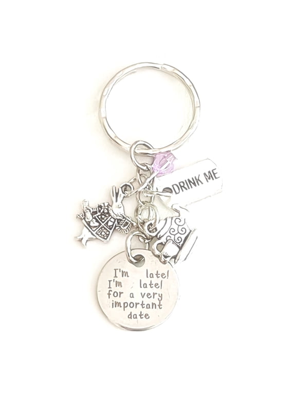 I'm Late, I'm Late for a Very Important Date White Rabbit Alice in Wonderland Drink Me Silver Charm Keychain Accessories Gift | Merchandise for Women