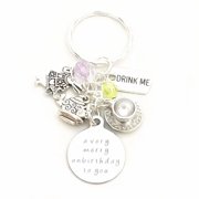 Hanalea Island Jewelry Co. A Very Merry Unbirthday to You Alice in Wonderland Accessories Silver Charm Keychain Gift for the Curious and Courageous One | Merchandise for Women