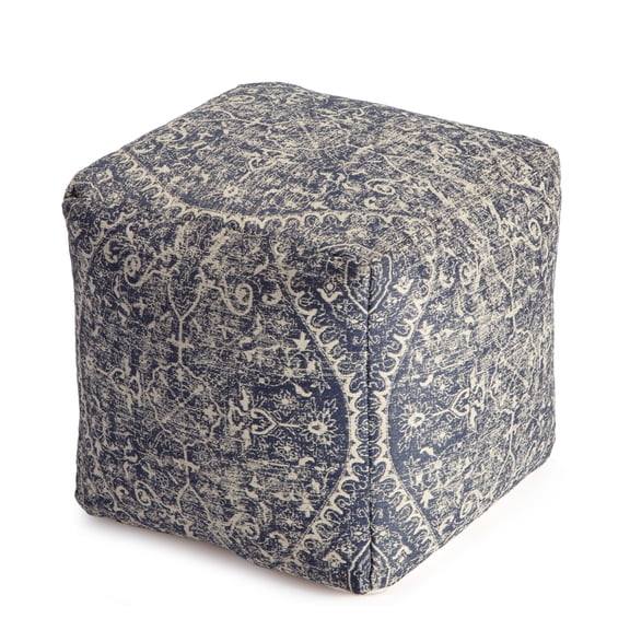 Hanalei Cube Pouf Ottoman with Distressed Medallion Pattern, Decorative