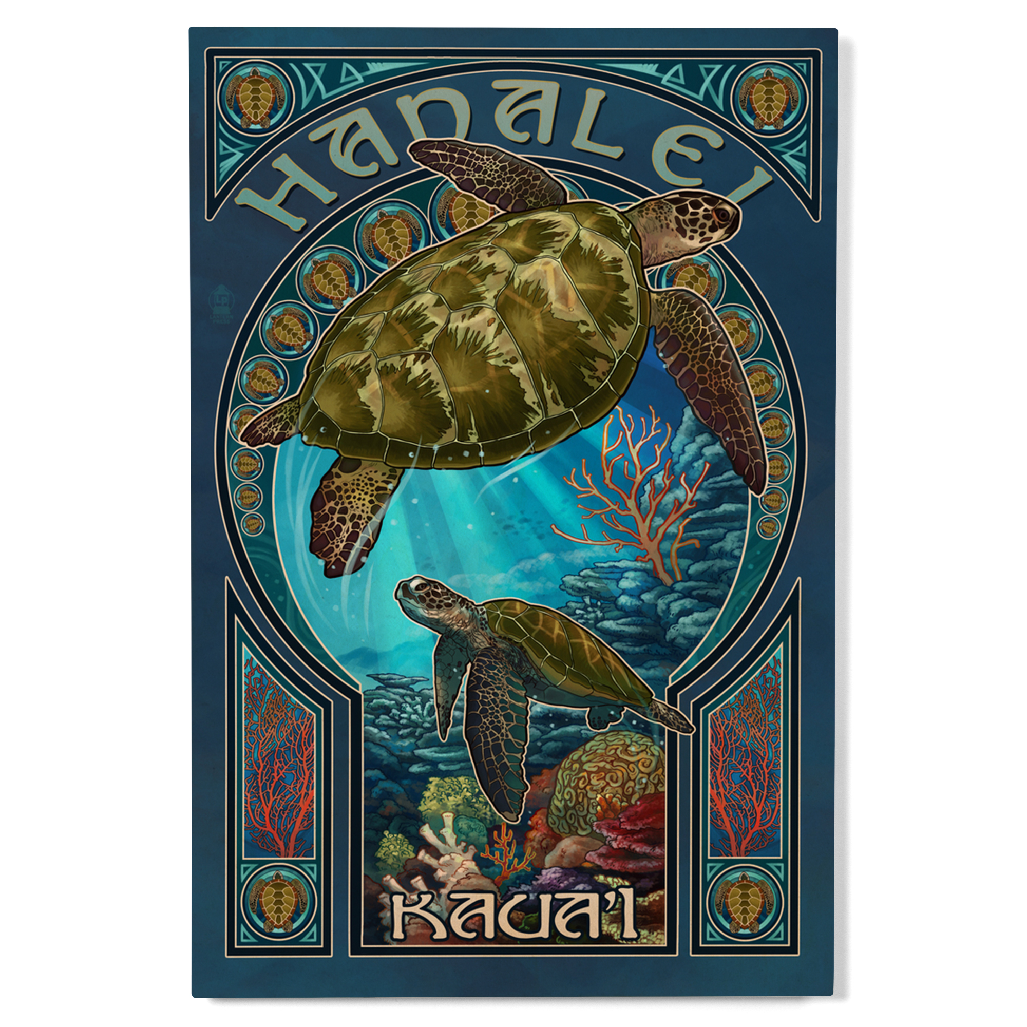 Hanalei, Hawaii, Sea Turtle Art Nouveau Birch Wood Wall Sign (12x18 ...