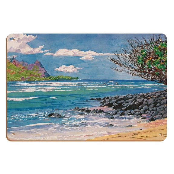 Hanalei Honeymoon (Ka Mahina Meli Hanalei) - Kauai Hawaiʻi - From an Original Watercolor Painting by Janet Stewart - 8 x 12 inch Vintage Wood Art Sign