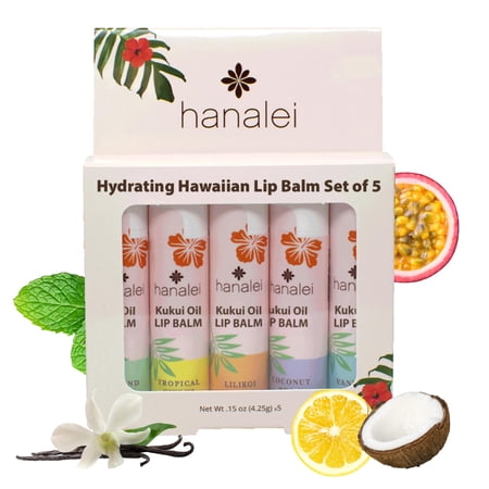 Hanalei Lip Balm and Moisturizer Set: 5 pack of Natural Hawaiian Kukui Oil and Beeswax Lip Balm to Replenish and Repair Dry, Chapped Lips - Tropical Citrus,Island Mint,Vanilla,Lili
