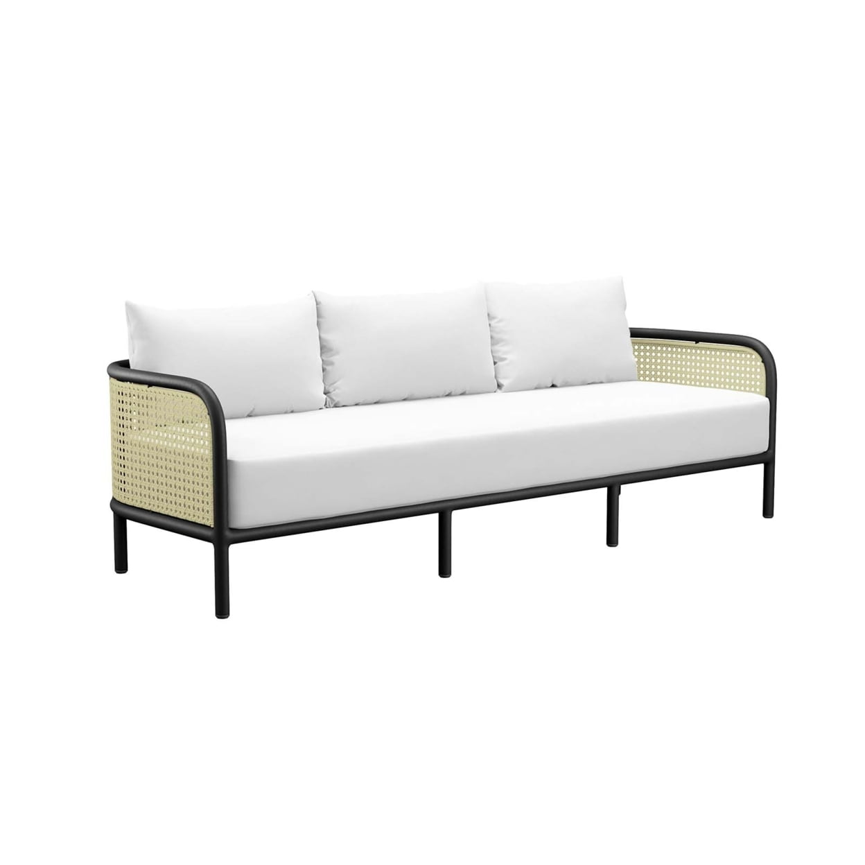 Hanalei Ivory White Outdoor Patio Sofa with Cane Rattan Detail