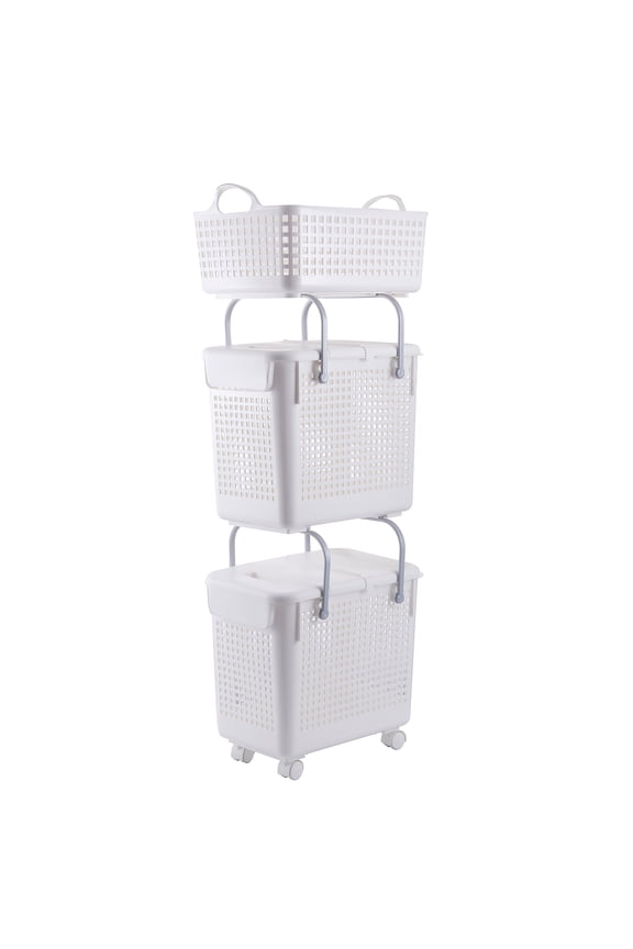 3-Piece Modern Plastic Laundry Hamper & Basket Set in White