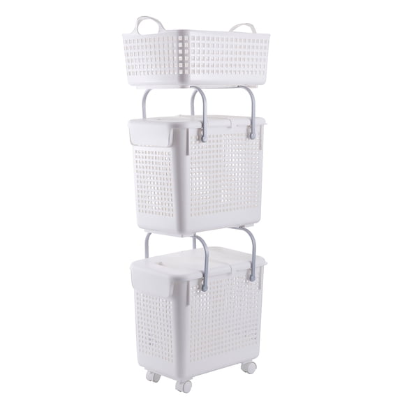Hanamya 3-Piece Modern Plastic Laundry Hamper & Basket Set in White