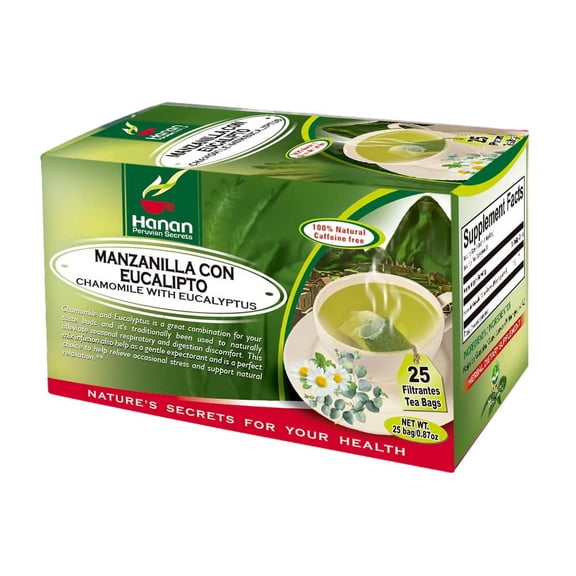 Hanan Peruvian Secrets Chamomile and Eucalyptus Herbal Tea | 100% Natural | 1 Pack of 25 Tea Bags | Naturally alleviate seasonal respiratory and digestion discomfort