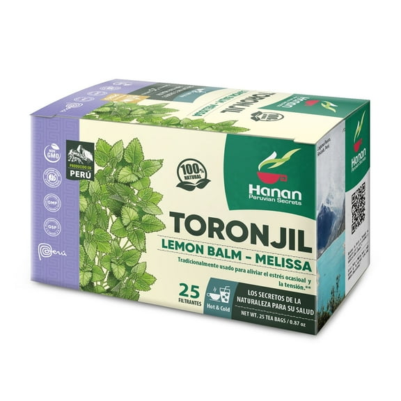 Hanan Peruvian Secrets Lemon Balm Tea (Toronjil) - 1 Pack of 25 Teabags of Herbal Tea - Melissa Herb for Relaxing Herbal Tea - Natural Dried Plant Leaves from Peru (not extract) – Melissa officinalis