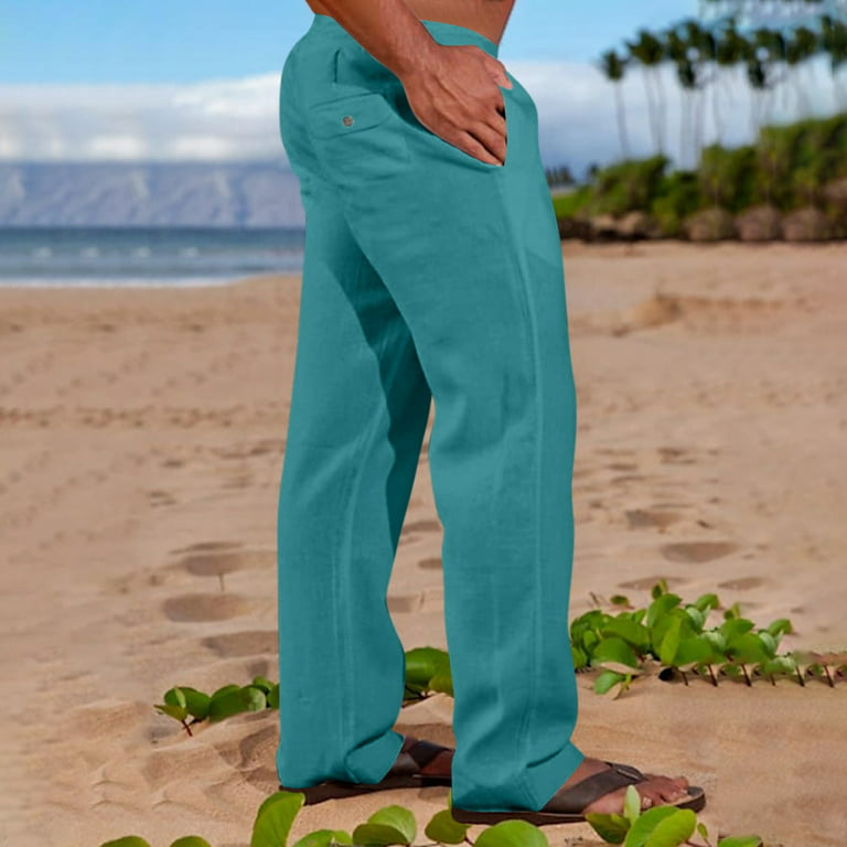 Hanas 2023 Mens Pants Men\'s Fashion Casual Cotton Casual Lightweight Hemp  Drawstring Solid Color Beach Trousers Pants Cyan XL