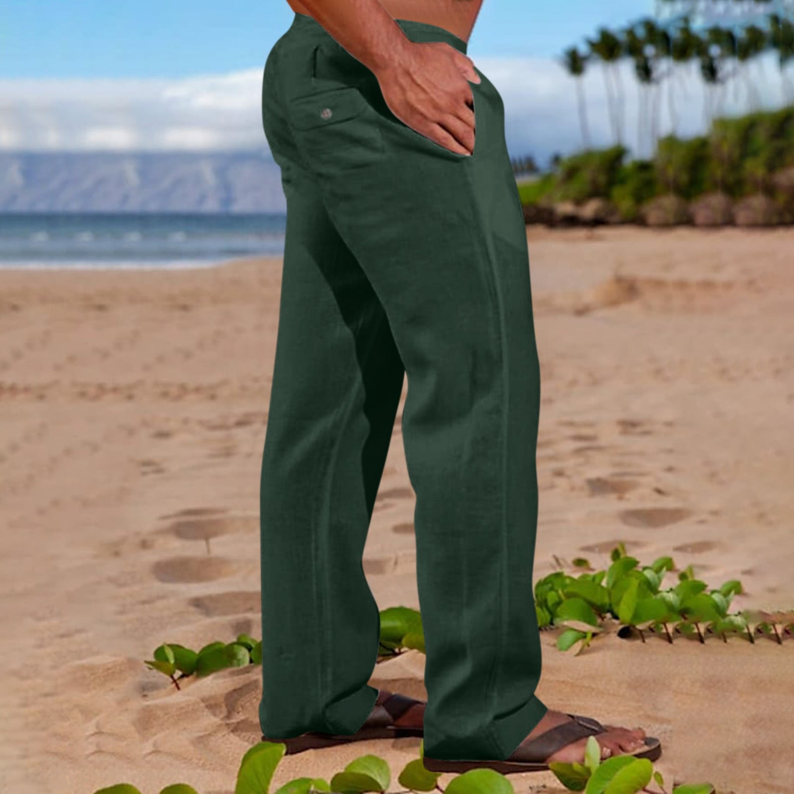 Hanas 2023 Mens Pants Men\'s Fashion Casual Cotton Casual Lightweight Hemp  Drawstring Solid Color Beach Trousers Pants Dark Green L