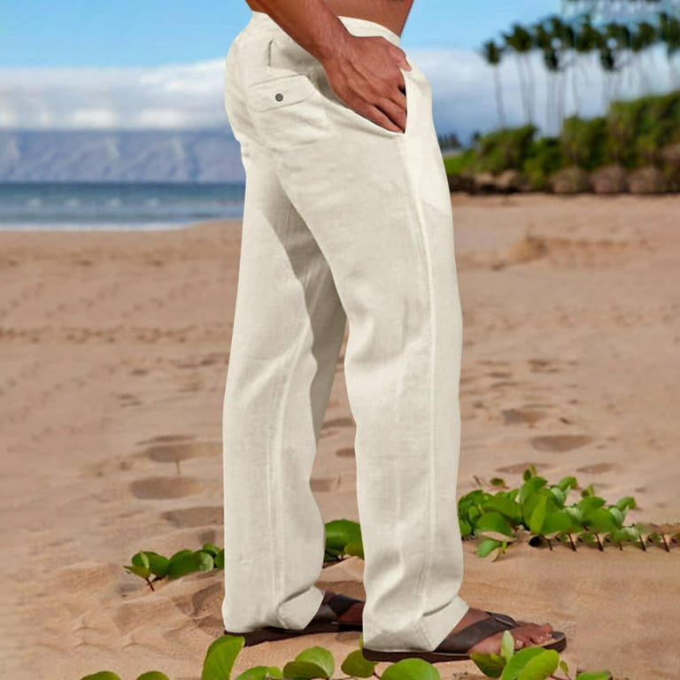 Hanas 2023 Mens Pants Men\'s Fashion Casual Cotton Casual Lightweight Hemp  Drawstring Solid Color Beach Trousers Pants Khaki XXXXL