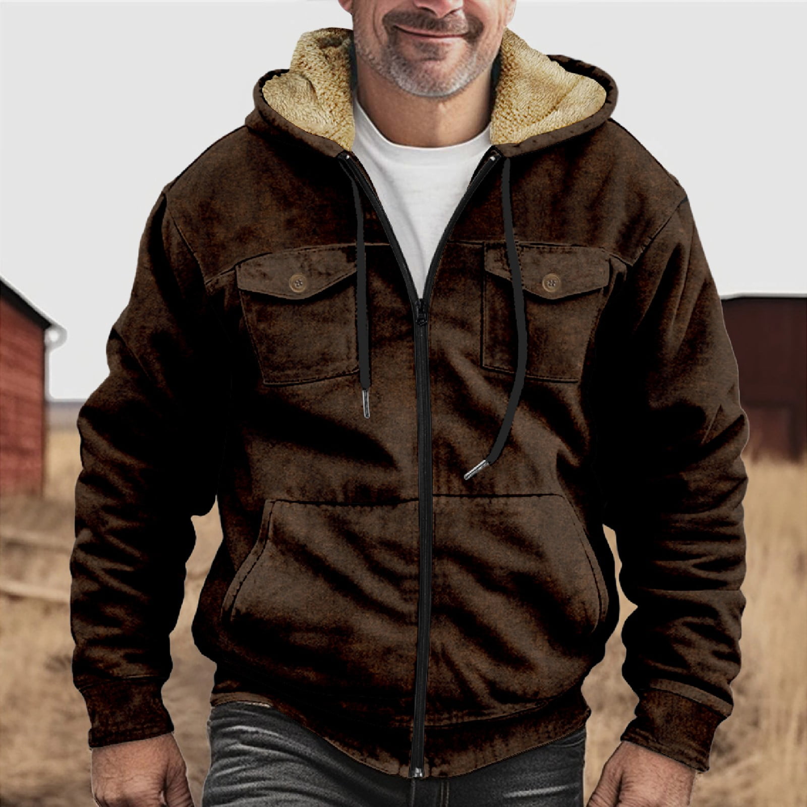 Hanas Big and Tall Jackets for Men Men s Thickened Button Double Pocket Jacket with Pocket Insert Cotton Jacket Mens Gift Brown S