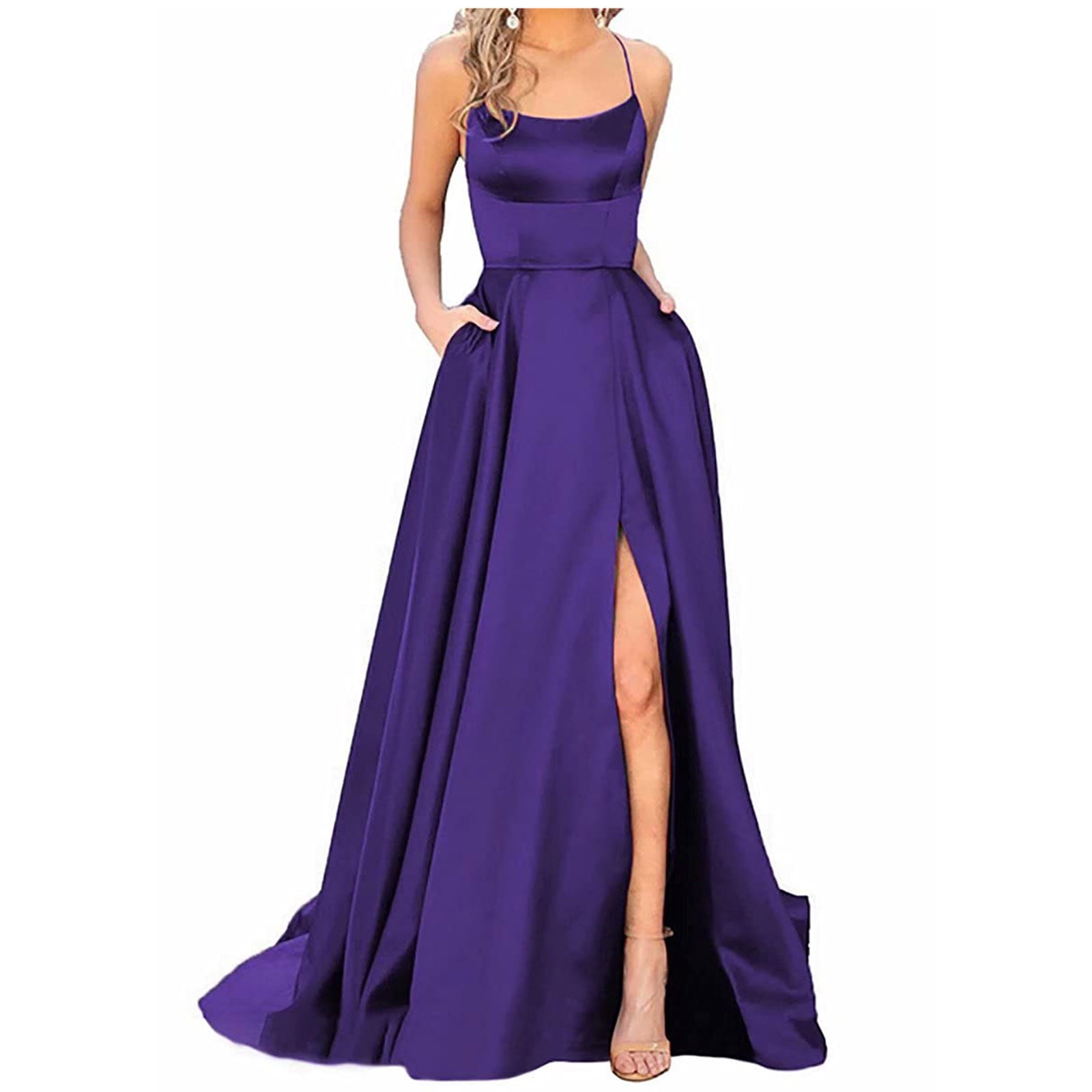 Hanas Dresses Elegant Formal Satin Dress Classic Solid Color Strap Sleeveless Prom Dresses Backless Square Neck Empire Waist Side Slit Maxi Dress