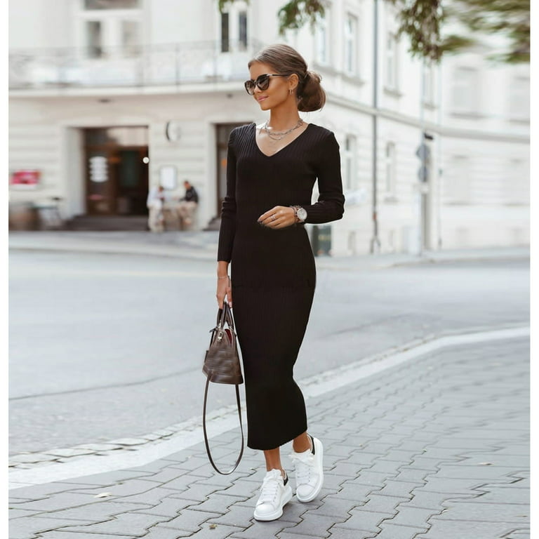 Hanas Dresses Fashion Women's Long Sleeve Dress V Neck Plain Ribbed Dress  Casual Solid Dress Black/L