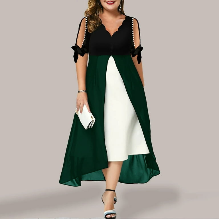 Hanas Dresses Women Plus Size 3/4 Sleeves V Neck Chiffon Panel Contrast  Cocktail Semi Formal Play Dress Green/XXXL