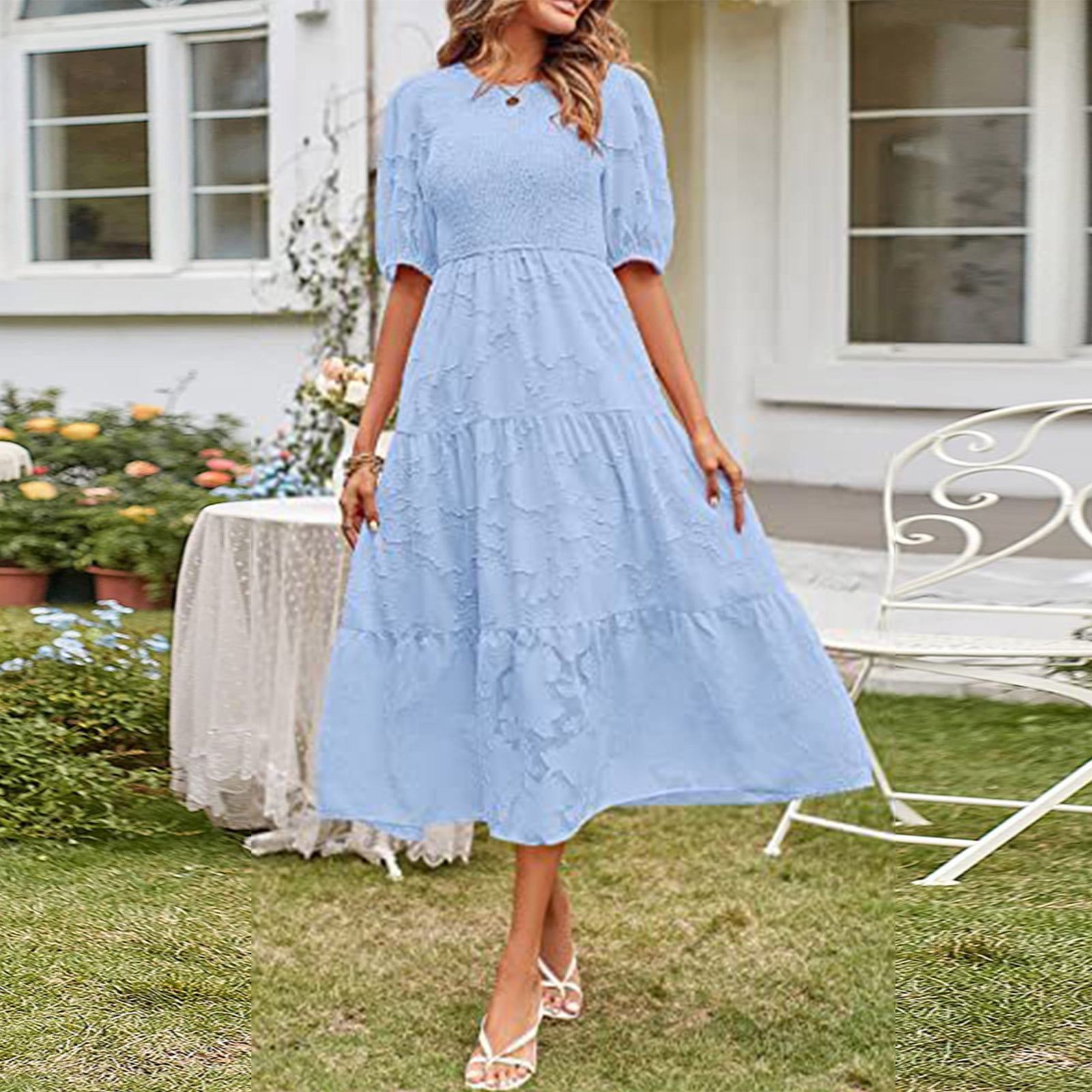 Loemes Sun Dresses Women Summer Casual 2023 Floral Light Blue
