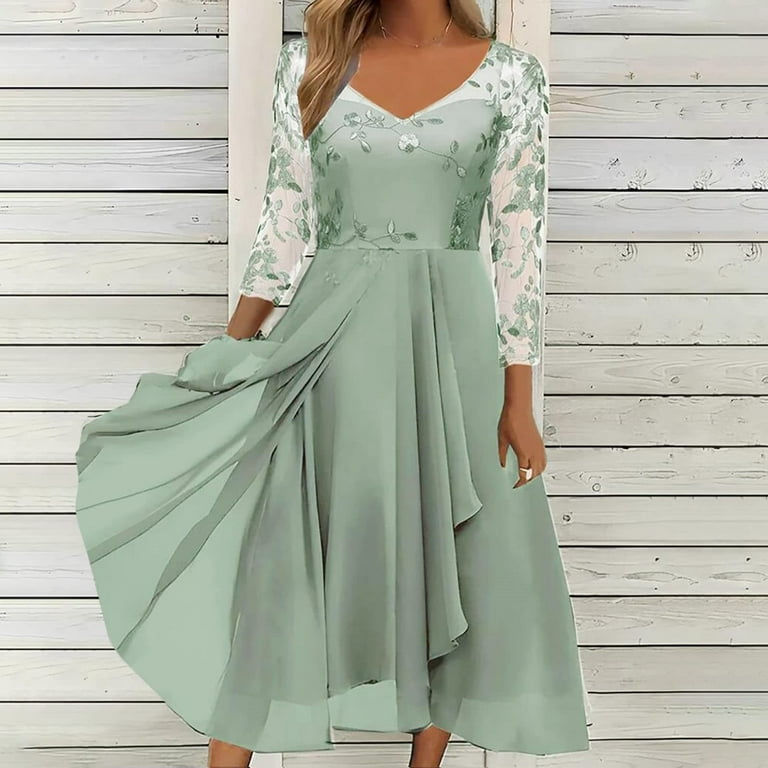 Hanas Dresses Women's Elegant A-Line Dress, Classic Solid Color Long Sleeve  Evening Dresses, Embroidery V Neck Pleated Lace Flowy Hem Midi Dress