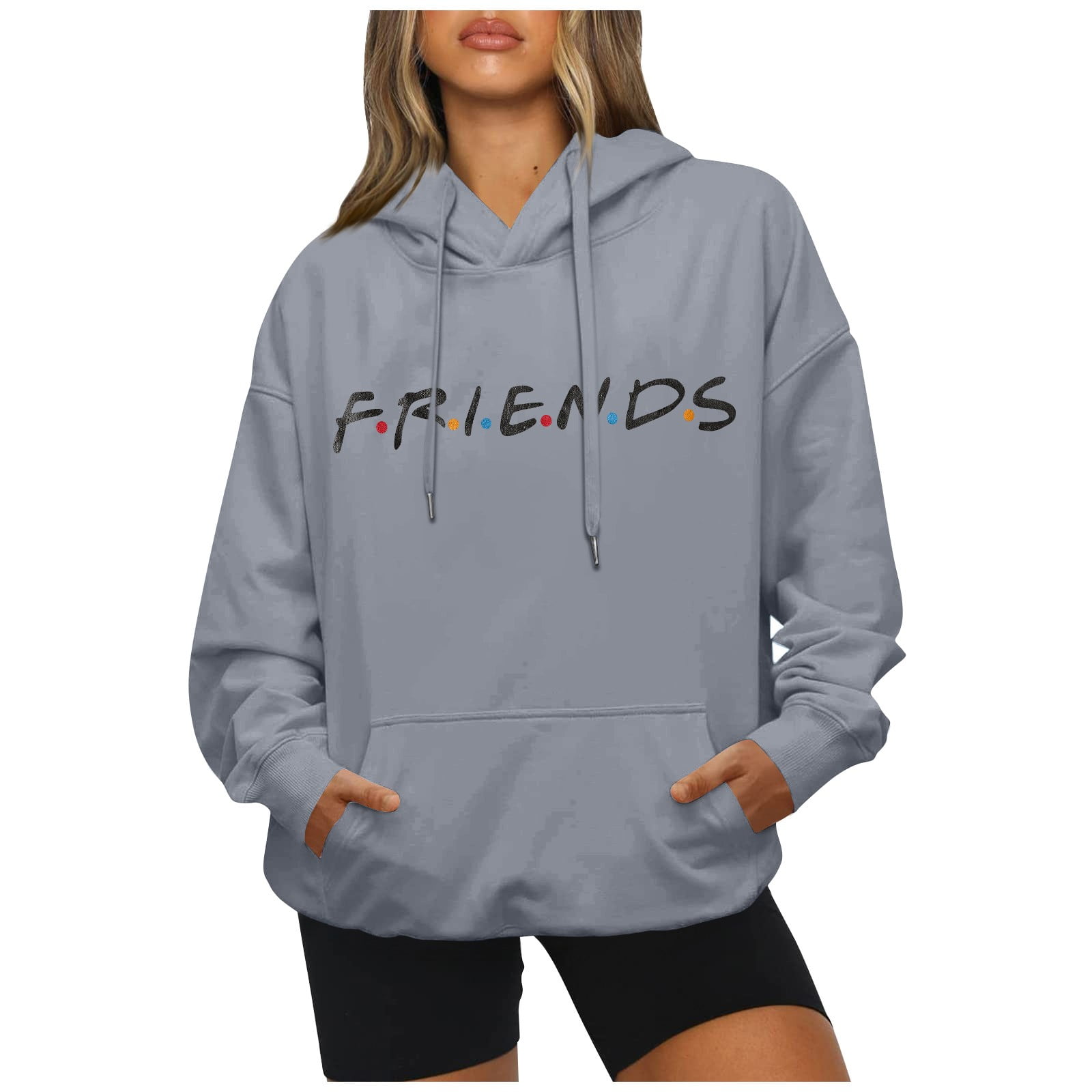 Hanas Friends Sweatshirt Friends TV Show Merchandise Fashion Casual Long Sleeved Letter Printing Loose Pullover with Rope Hoodie Gray L