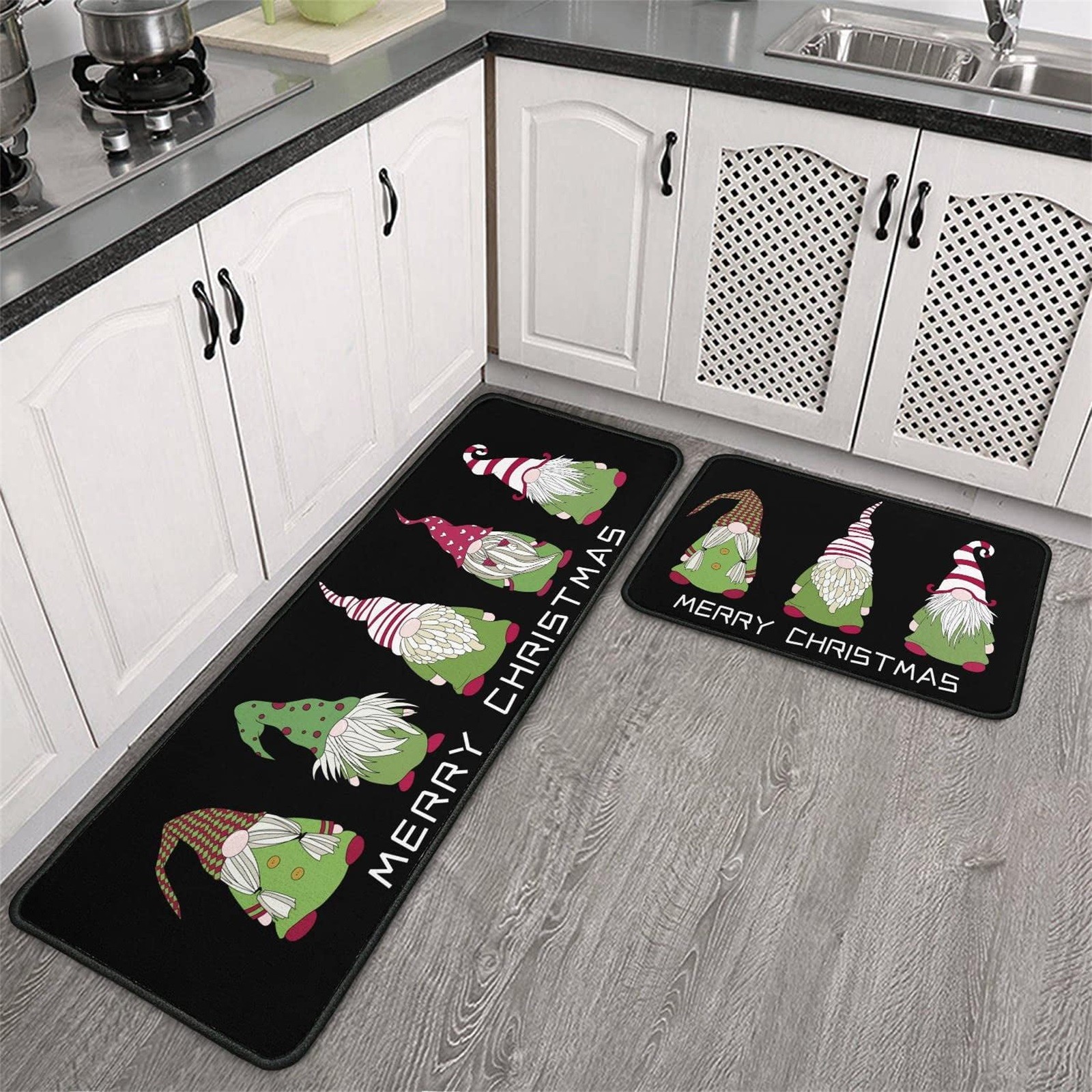 Lunuaoe Grinch Decorations 2024 Grinch Doormat Merry Christmas Kitchen Rugs And Mats 2Pcs Black Christmas Gnome Kitchen Decoration Grinch Themed Rugs Entrance Carpet Christmas Decorations