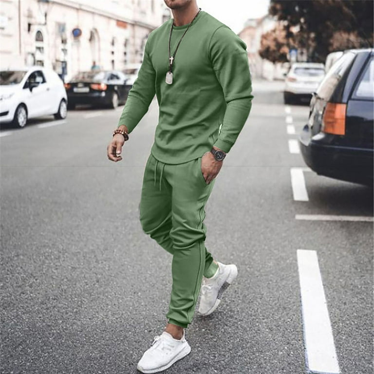 Hanas Men's Athleisure Loose Fitness Running Long Sleeve Multicolor Suit  Sweatshirt And Pants Green L 