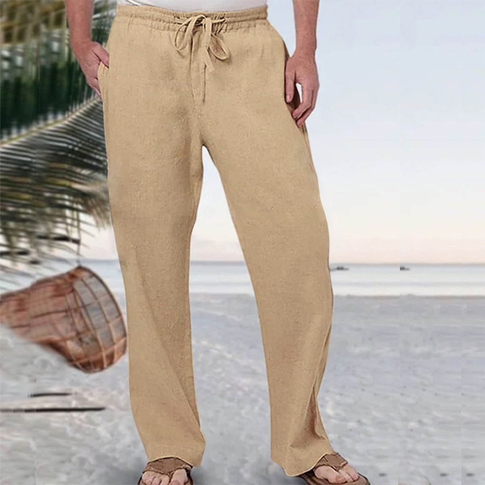 Hanas Men's Cotton Linen Pants Elastic Waist Lightweight Loose And