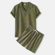 Hanas Men's Solid Color T-shirt Shorts Suit Men's Cotton Linen Casual Suit Army Green L