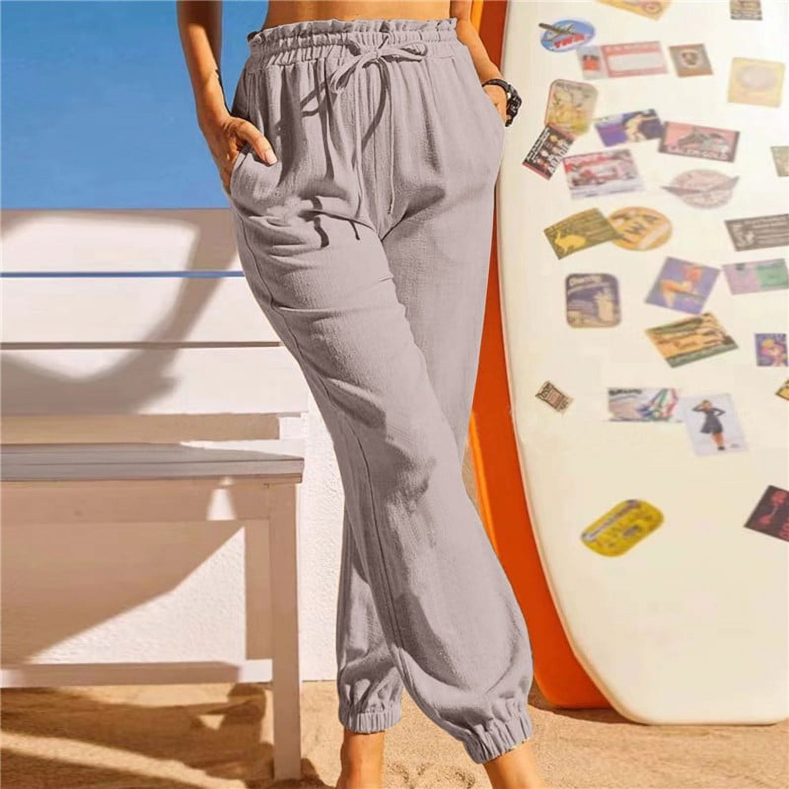 Hanas Pants Fashion Women Solid Colours Hemp And Cotton Ruffle Drawstring  Leggings Elasticated Casual Pants Gray/XL 