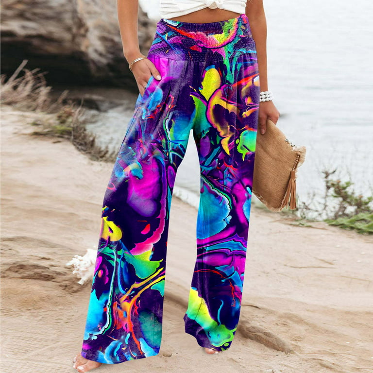Hanas Pants Women's Summer High Waisted Palazzo Tie Dye Print Pants Casual  Loose Fit Wide Leg Long Pants With Pockets